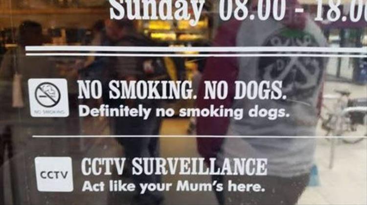 random picture of sign for shop printed on the glass about no dogs or smoking or smoking dogs and that their is CCTV and act like you mother is here