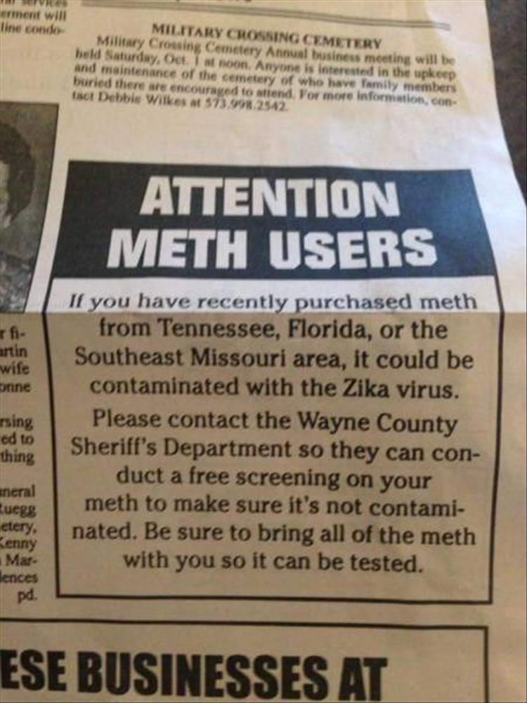 random picture of newspaper PSA about potentially contaminated Meth that should be test by authorities and to bring it in