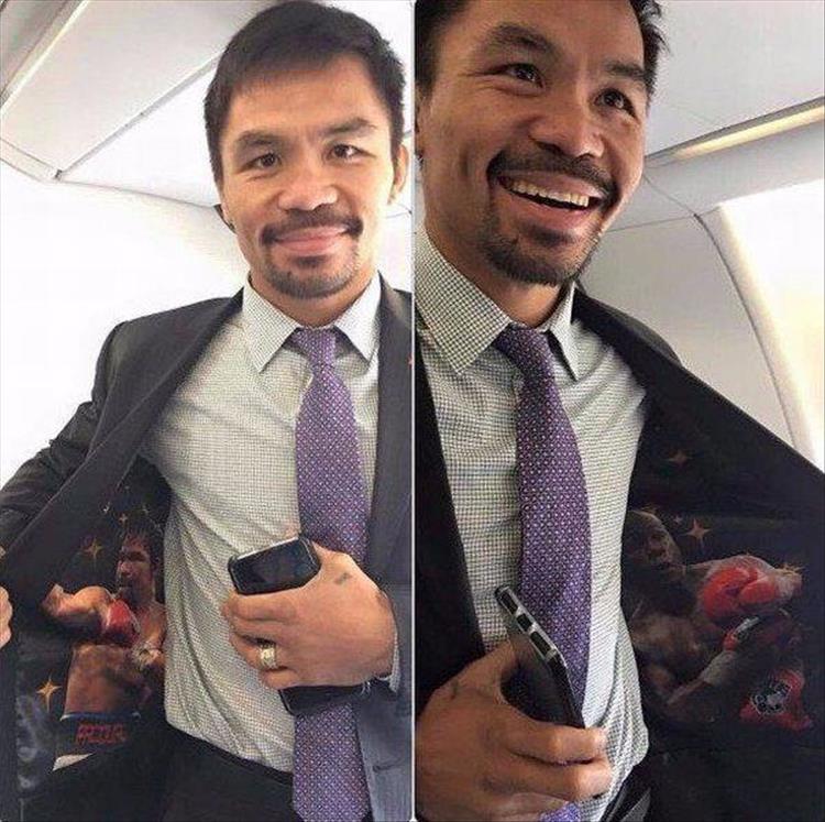 random pic of Manny Pacquiao, wearing a suit with interior of him on one side and floyd mayweather on the other side
