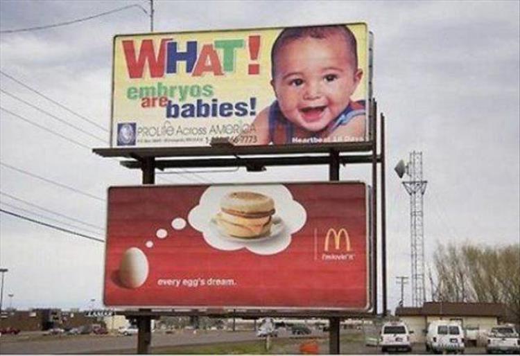 random picture of billboards one about embryos being babies and then egg and mcdonalds sign