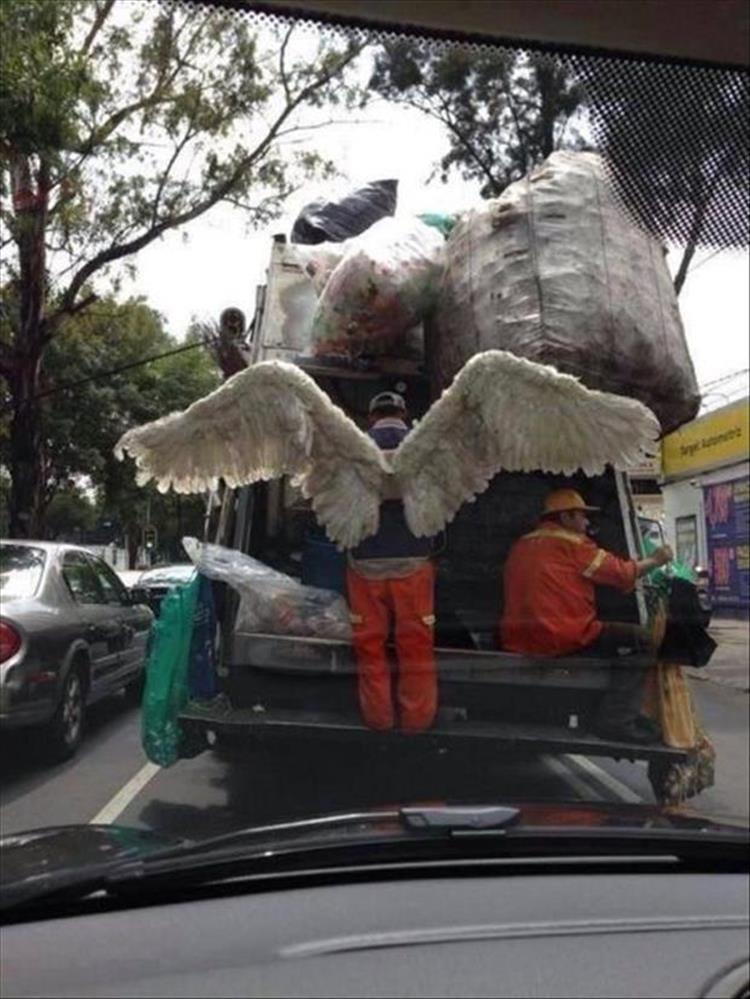 random picture of a garbage man wearing angel wings
