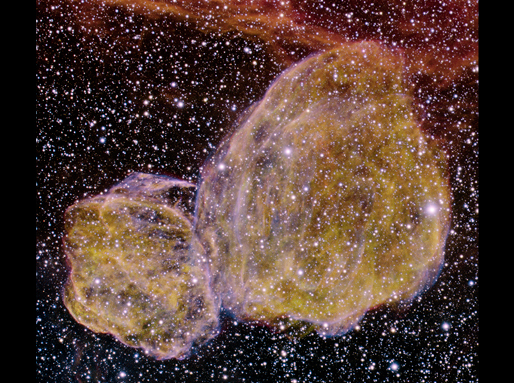 Although this looks like a single nebula, NSF’s Gemini South Observatory revealed it is actually two separate gas and dust clouds formed by different types of supernova explosions.

Image source: P. Michaud, S. Fisher and R. Carrasco, Gemini Observatory; T. Rector, University of Alaska Anchorage