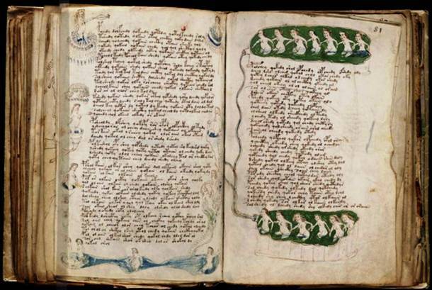 Voynich Manuscript
The Voynich manuscript was written in a language that men through the centuries have tried to decode to no avail. The only idea anyone has of its origin are the drawings found on various pages.