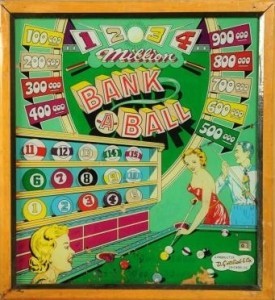 Million Bank a Ball (1950)
Million Bank a Ball was the last pinball game to use the turret shooter feature. The artwork features billiards champion, Willie Hoppe, and pinball artist, Roy Parker. The pinball machine is not very well-known, but it’s a lot of fun to play if you get the chance.