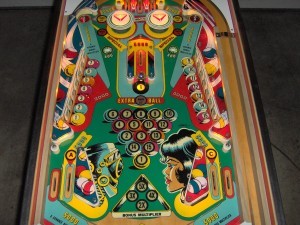 Pinball Pool (1979)
Pinball Pool’s iconic artwork on the backglass features a robot and two girls playing pool. The playfield has pop bumpers, kickout saucers, and a captive ball. One of the unique features of the game is Remotrip, so when a target is knocked down on one side of the playfield, the target on the other side of the playfield drops as well.