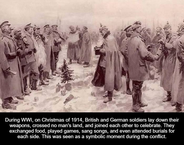 During Wwi, on Christmas of 1914, British and German soldiers lay down their weapons, crossed no man's land, and joined each other to celebrate. They exchanged food, played games, sang songs, and even attended burials for each side. This was seen as a…