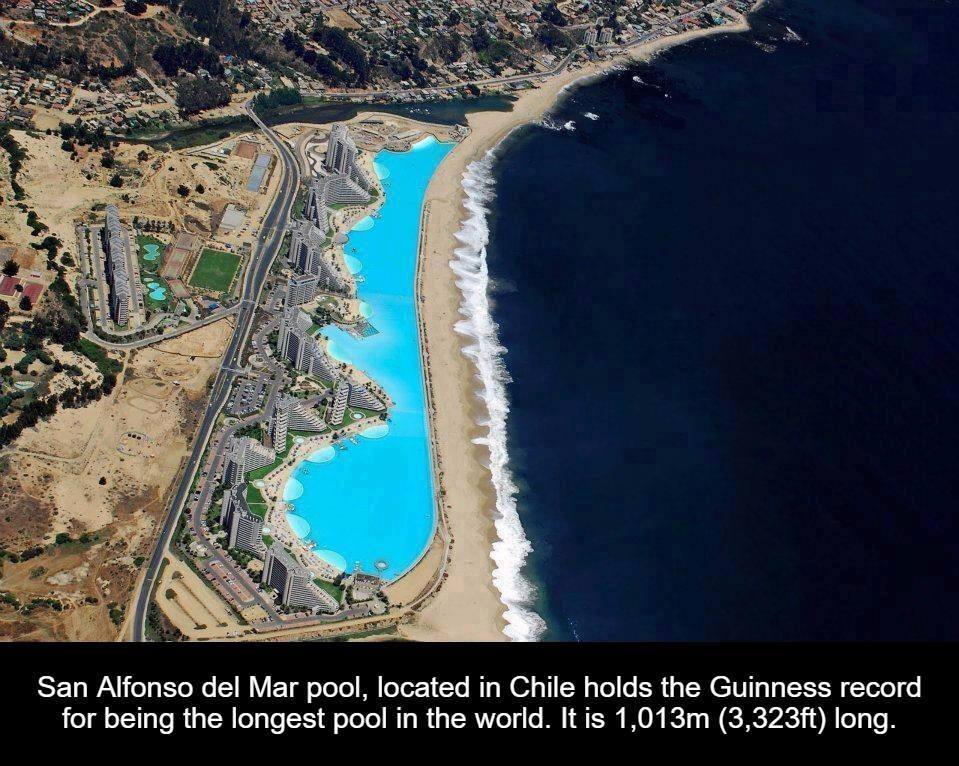 San Alfonso del Mar pool, located in Chile holds the Guinness record for being the longest pool in the world. It is 1,013m 3,323ft long.