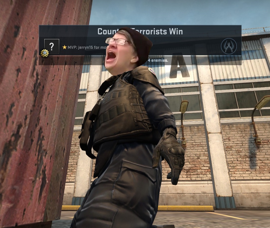 Picture of baby liberal cropped onto death of a CT in Counter Strike Global Offensive.  Terrorist win!