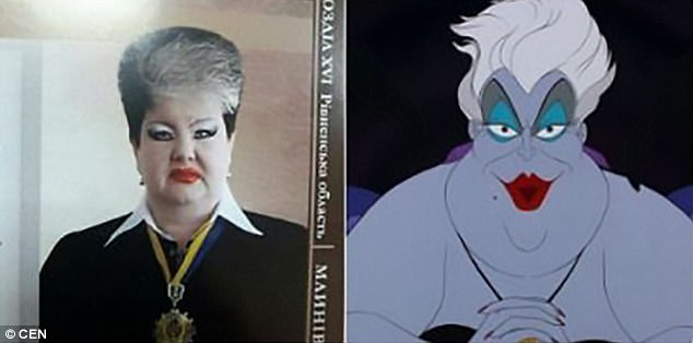 According to the newspaper "Daily Mail" the British, working "not Pandora" Judge northwestern Ukraine, but their way of make-up made her a laughingstock to be likened to the evil character from the movie "The Little Mermaid" where it was put lipstick and kohl dark to show a sharp glance hair white short looks like a completely personal .
