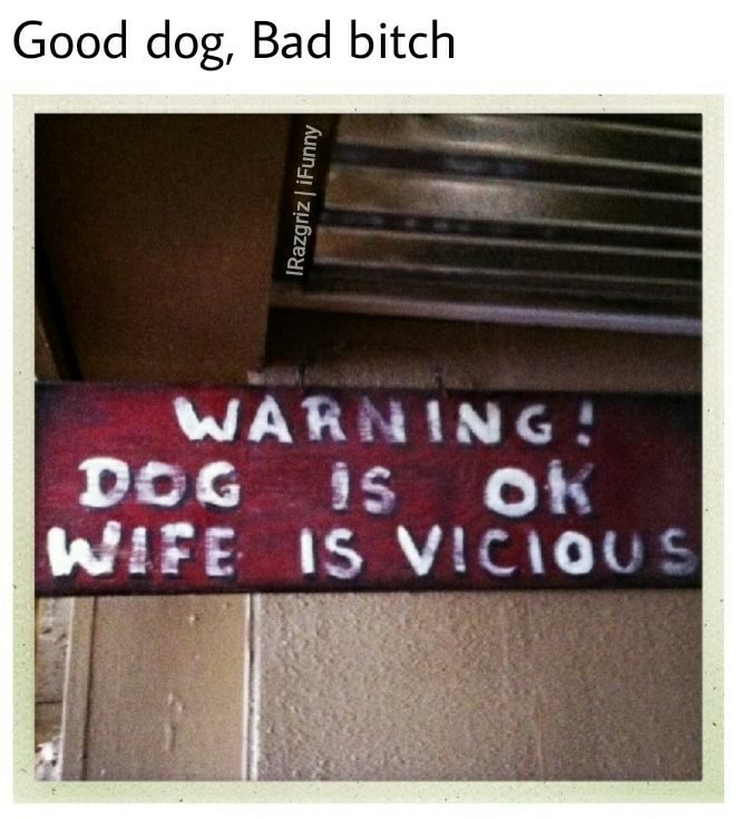 funny meme of a warning sign saying dog is OK, but the wife is vicious.