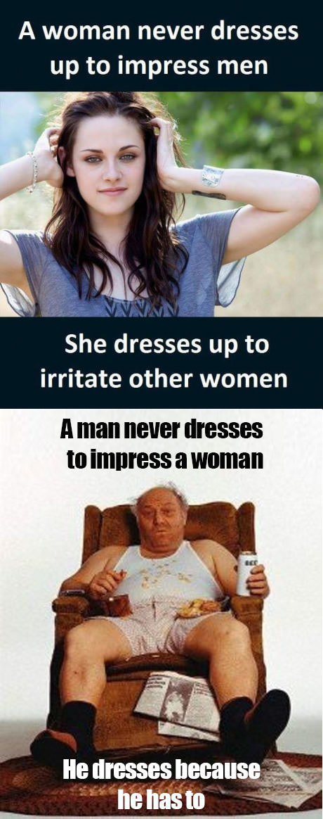 Funny meme about how women dress up to compete with other women, but men dress up because they have to.