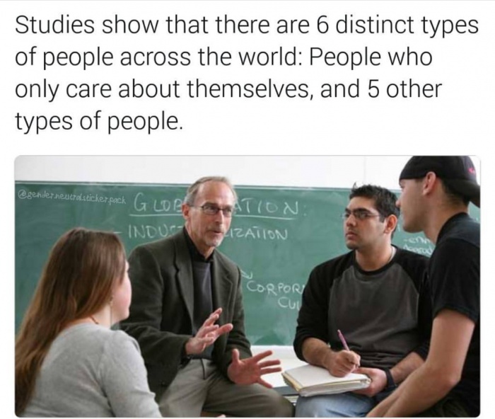Hilarious meme about the different kinds of people that there are - image of professor talking to the students.