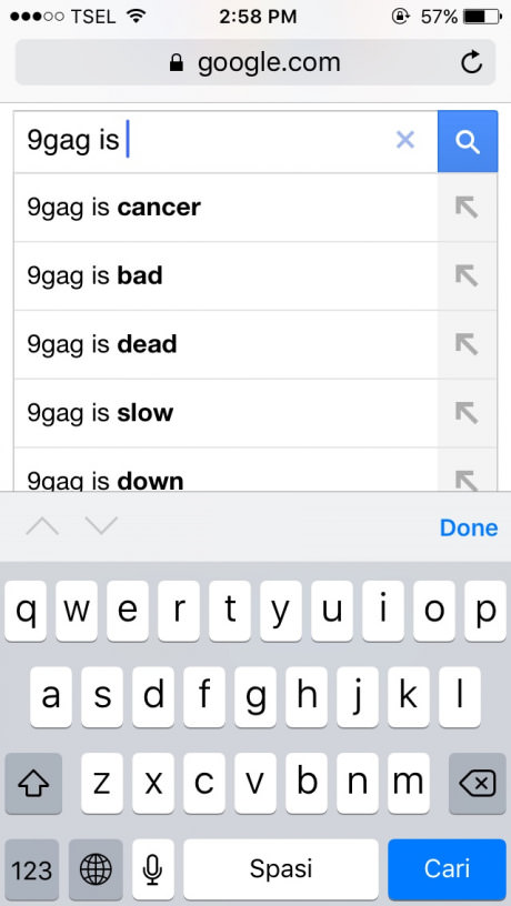 Funny screen grab of 9gag autocomplete showing that users don't have the highest regard for them.