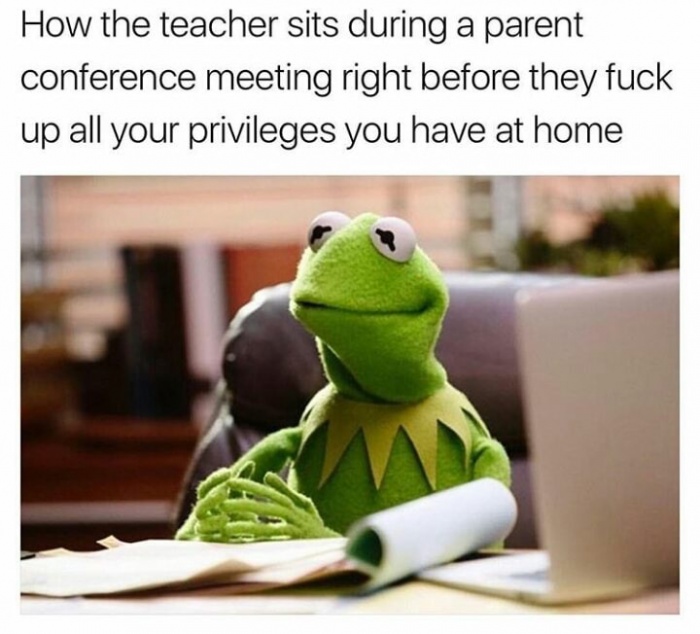 Kermit the Frog meme of how the teacher sits during Parent Conference Meeting right before selling you down the river.