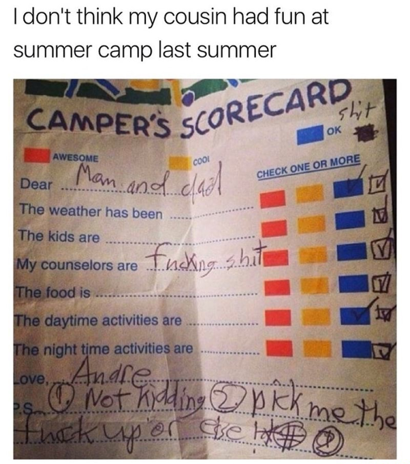 memes - camp counselor meme summer camp memes - I don't think my cousin had fun at summer camp last summer Snad sht Ampers Scorecard Awesome A Man and clad Check One Or More Dear .... The weather has been The kids are My counselors are Inckng The food is.