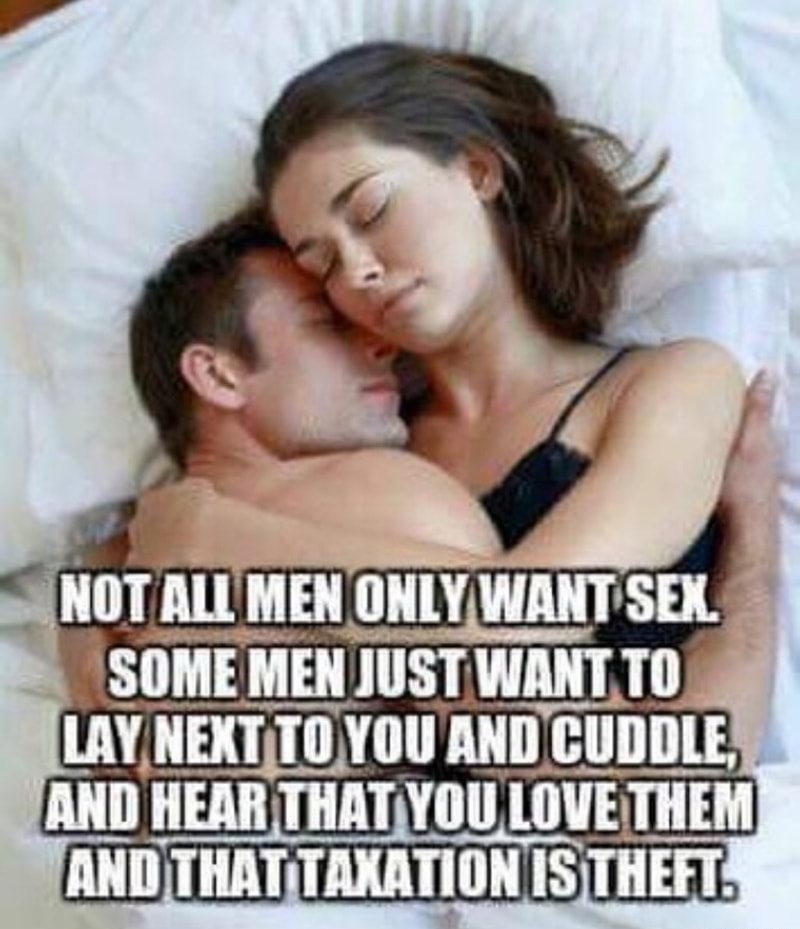 memes - men only want sex meme - Not All Men Only Want Sex Some Men Just Want To Lay Next To You And Cuddle And Hear That You Love Them And That Taxation Is Theft.