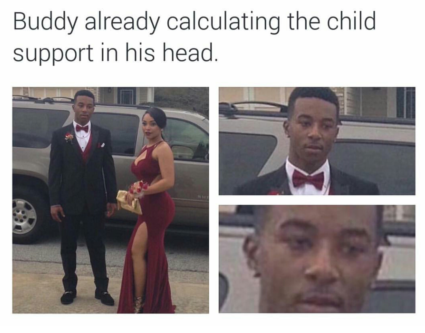 Dank meme of a zoom in on the guy's reaction to the girl's dress joked as he is doing the calculations for child support in his head.