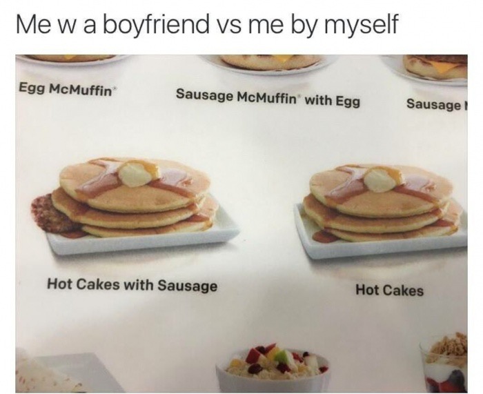 Hot cakes with sausage or without made into funny meme by girl with or without her boyfriend over.