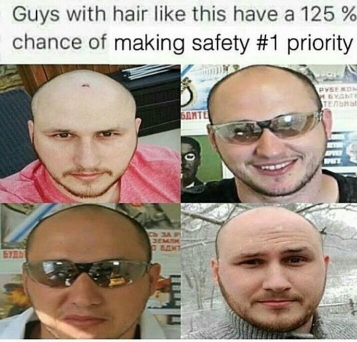 Safety Priority guys with bald heads and sunglasses.