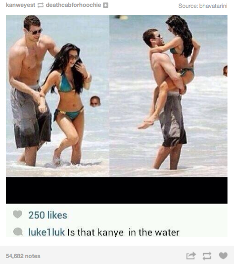 Funny pictures of a couple having fun in the water, with a caption pointing out that it looks like Kanye West is hiding in the water.