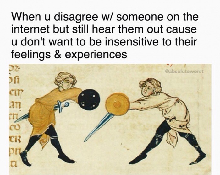 Funny meme about arguing on the internet without wanting to offend.