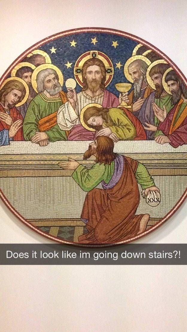 Picture of famous artwork of Jesus with a guy in the foreground joked to be asking 'does it look like i am going down stairs?'