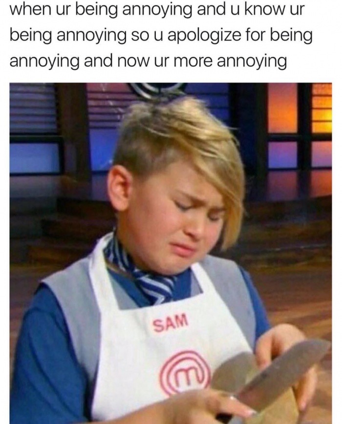 Meme of a funny picture of a kid with a knife that is clearly annoying.