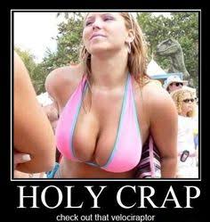 Funny meme of a girl with huge breasts in a bikini and there is a velicorapter right behind her.