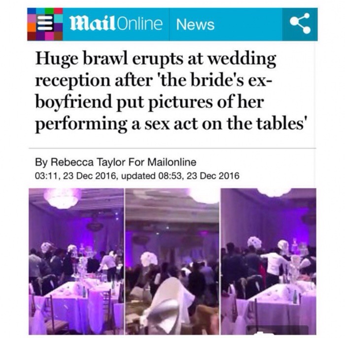 Dailymail article about brawl that broke out at wedding because of pictures an ex brought and put at the tables.