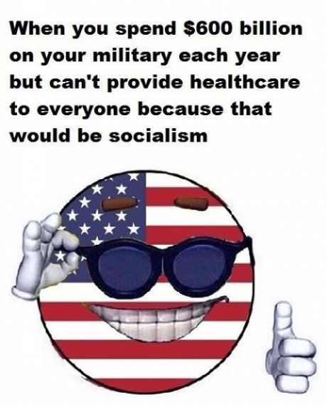 Meme making fun of how America spends $600 Billion a year on military but is against any 'socialism'