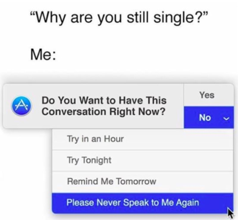 web page - "Why are you still single? Me Yes Do You Want to Have This Conversation Right Now? No v Try in an Hour Try Tonight Remind Me Tomorrow Please Never Speak to Me Again