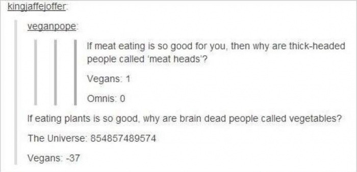 funny burns - kingjaffejoffer veganpope If meat eating is so good for you, then why are thickheaded people called 'meat heads'? Vegans 1 Omnis 0 If eating plants is so good, why are brain dead people called vegetables? The Universe 854857489574 Vegans 37