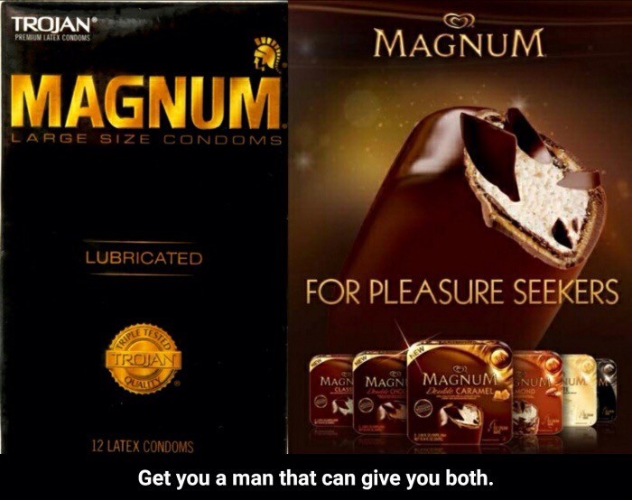 magnum slogan - Trojan Premium Latex Condoms Magnum Magnum Large Size Condoms Lubricated For Pleasure Seekers Tetes Trojan Magn Magn Magnum Numum Caramel 12 Latex Condoms Get you a man that can give you both.