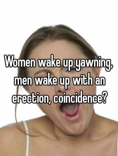 memes  - neck - Women wake up yawning men wake up with an erection, coincidence?