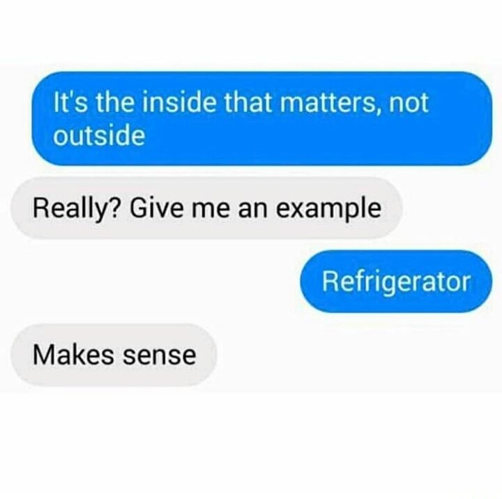 memes - material - It's the inside that matters, not outside Really? Give me an example Refrigerator Makes sense