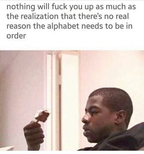 memes - realization meme - nothing will fuck you up as much as the realization that there's no real reason the alphabet needs to be in order