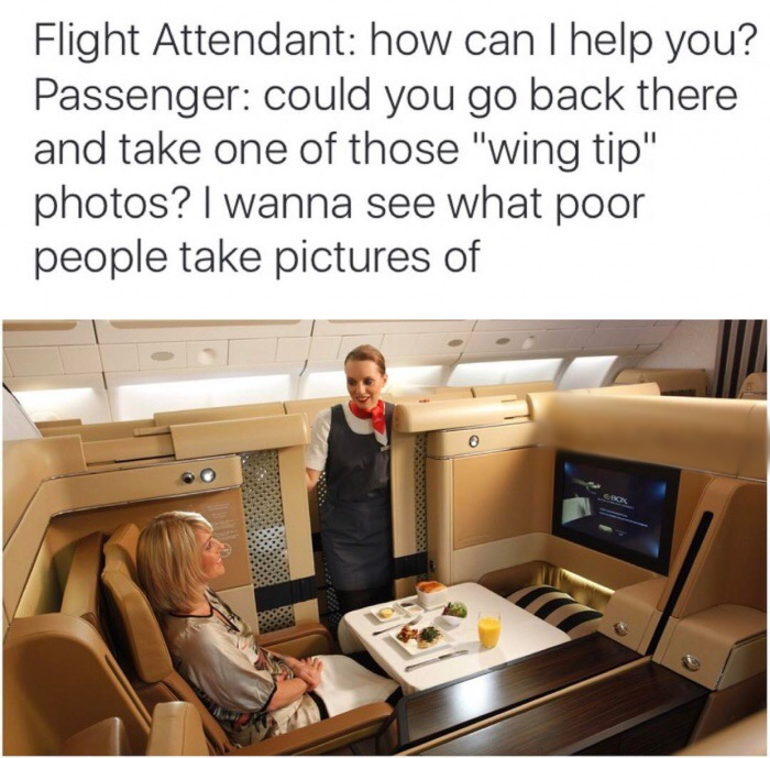 memes - etihad airways first class - Flight Attendant how can I help you? Passenger could you go back there and take one of those "wing tip" photos? I wanna see what poor people take pictures of
