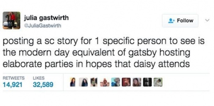 1 peter 3 3 4 - julia gastwirth JuliaGastwirth . posting a sc story for 1 specific person to see is the modern day equivalent of gatsby hosting elaborate parties in hopes that daisy attends 14,921 32,589