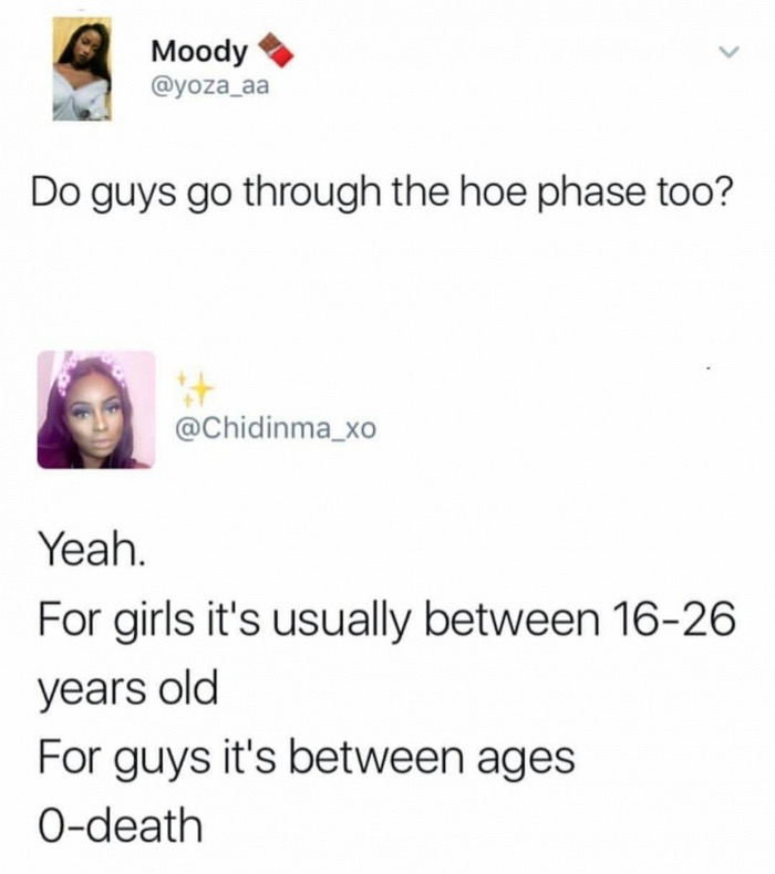 document - Moody Do guys go through the hoe phase too? Yeah. For girls it's usually between 1626 years old For guys it's between ages Odeath