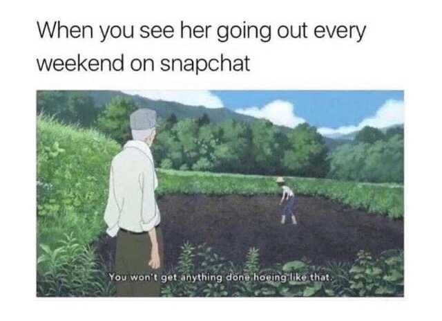 Dank meme about when you see a girl going out hoeing on snapchat all weekend.