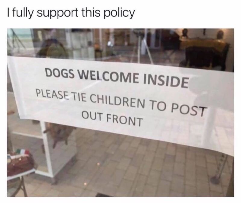 Dank meme of a funny picture allowing dogs inside as priority over children.