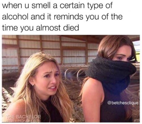 you smell a certain type of alcohol meme - when u smell a certain type of alcohol and it reminds you of the time you almost died The Bachelor Monday