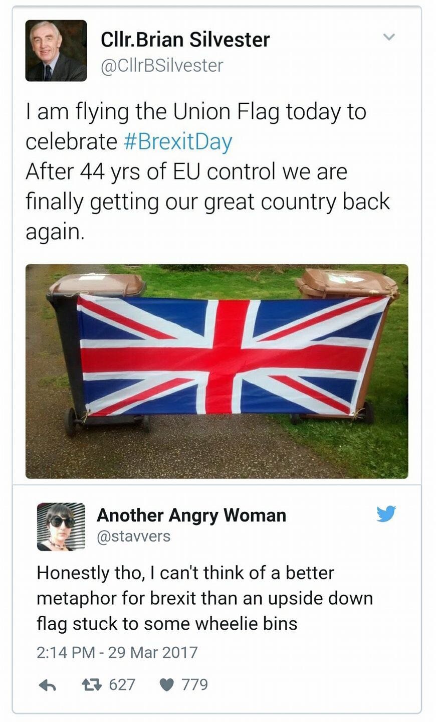 brexiteers have flag upside down - Cllr.Brian Silvester I am flying the Union Flag today to celebrate After 44 yrs of Eu control we are finally getting our great country back again. Another Angry Woman Honestly tho, I can't think of a better metaphor for 