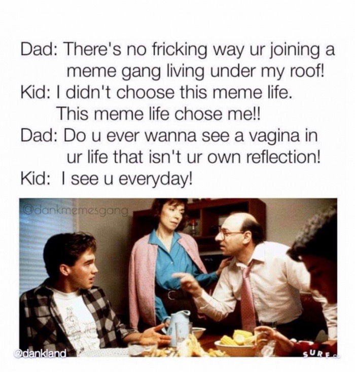 arguing at christmas - Dad There's no fricking way ur joining a meme gang living under my roof! Kid I didn't choose this meme life. This meme life chose me!! Dad Do u ever wanna see a vagina in ur life that isn't ur own reflection! Kid I see u everyday! d