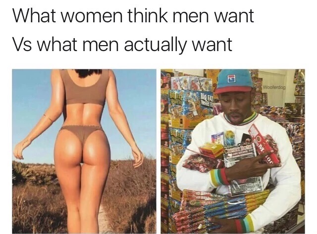 man want meme - What women think men want Vs what men actually want Wooterdog ay