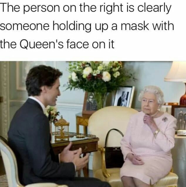 queen elizabeth meets with prime minister - The person on the right is clearly someone holding up a mask with the Queen's face on it