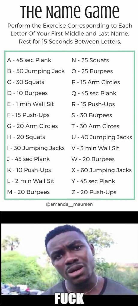 name game full meme - The Name game Perform the Exercise Corresponding to Each Letter Of Your First Middle and Last Name. Rest for 15 Seconds Between Letters. A 45 sec Plank N 25 Squats B 50 Jumping Jack 025 Burpees C 30 Squats P 15 Arm Circles D10 Burpee