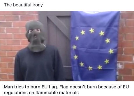 man tries to burn eu flag - The beautiful irony Man tries to burn Eu flag. Flag doesn't burn because of Eu regulations on flammable materials
