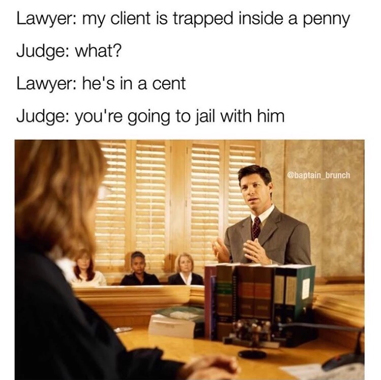 lawyer judge meme - Lawyer my client is trapped inside a penny Judge what? Lawyer he's in a cent Judge you're going to jail with him