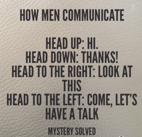 label - How Men Communicate Head Up Hi. Head Down Thanks! Head To The Right Look At This Head To The Left Come, Let'S Have A Talk Mystery Solved